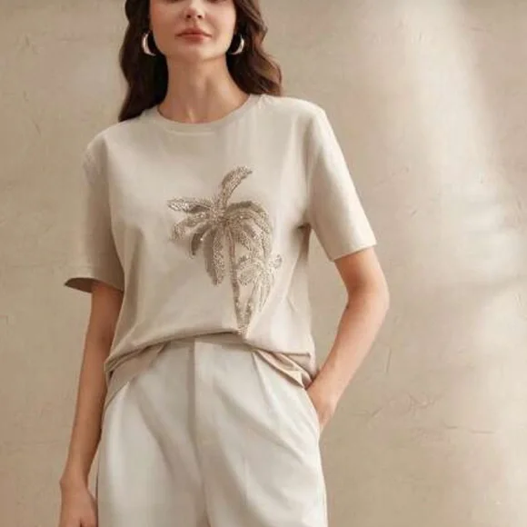 Beige Palm tree Embellished Women's Top - Picture 2 of 6